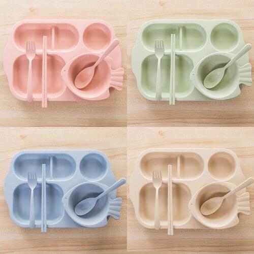 5pcs/Lot Childrens Tableware Set Anti-falling Fish Cartoon Plate Environmental Protection Wheat Straw Plate Bowl+Spoon+Fork
