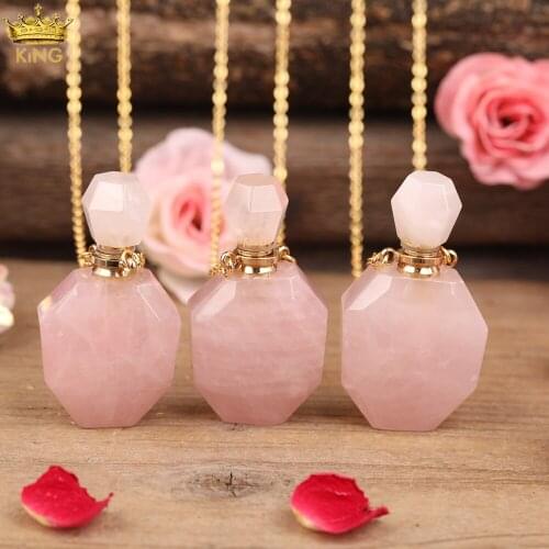 Natural Roses Pink Quartz Crystal Essential Oil Perfume Bottle Pendant Necklace Fashion Women Quartz Stone Gold Necklace Jewelry