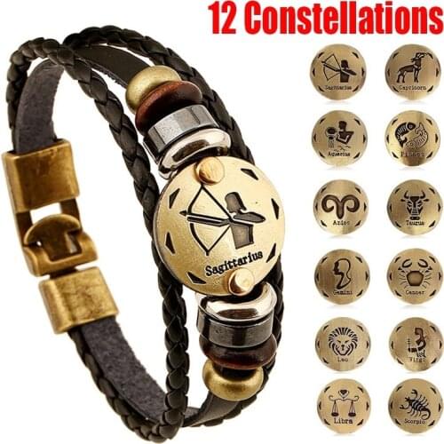 2018 New Fashion 12 Constellations Bracelet Jewelry Leather Bracelet Men Casual Personality Zodiac Signs Punk Jewelry