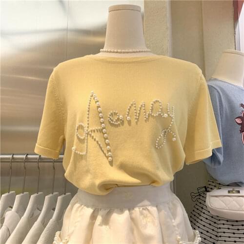 New South Korea 2021 Spring and Summer New Round Neck Pearl Letters Loose Short-sleeved T-shirt Casual Tops for Women