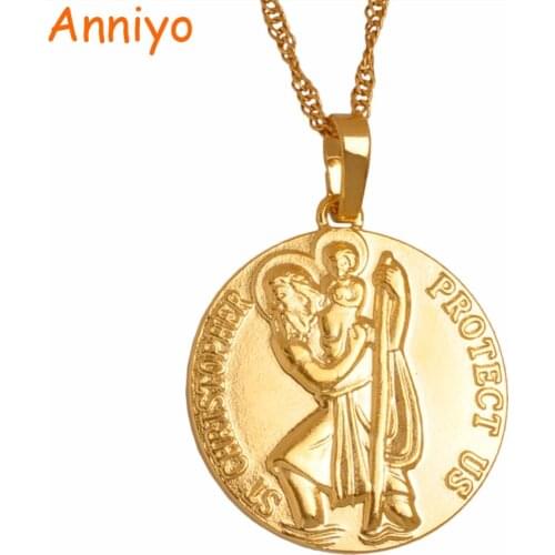 Anniyo St. Christopher Protect Me Necklaces for Women,Gold Color Saint Christophe Pendant Religious Jewelry #058004