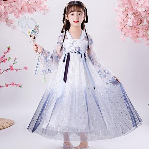 Embroidery Flowers Tutu Dress Girl Gradient Tang Suit Summer New Mesh Ball Gown Girls Hanfu Kids Dresses for Girls Party Dress