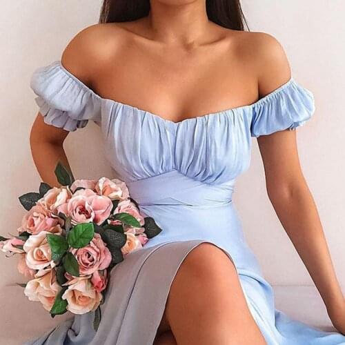 Short sleeve dresses for women 2021 summer women dress sexy off shoulder elegant boho split party dress robe femme платье летнее