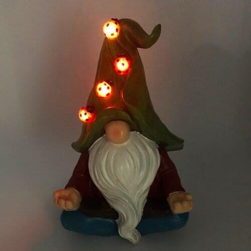 Garden Solar Gnome Statue with 4 Ladybug Lights Meditating Sculpture Outdoor Figurines Lawn Patio Yard Porch Ornament E7