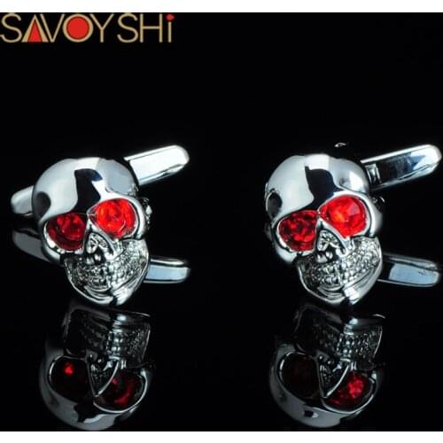 SAVOYSHI Fashion Brand Mens Shirt Cufflinks High quality Red Crystal Silver color Skull Cuff links Halloween Party Gift Jewelry