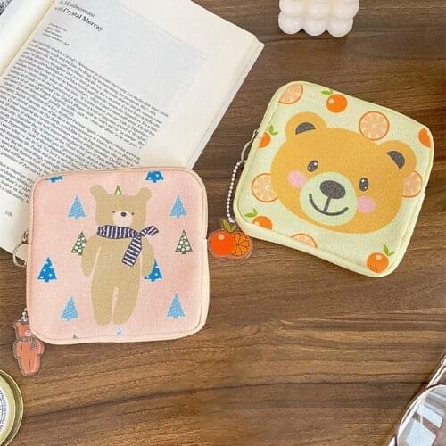 Cute Cartoon Coin Purse Portable Storage Bag Small Change Purse Square Shaped Coin Pouch Canvas Short Wallet Sanitary Napkin Bag