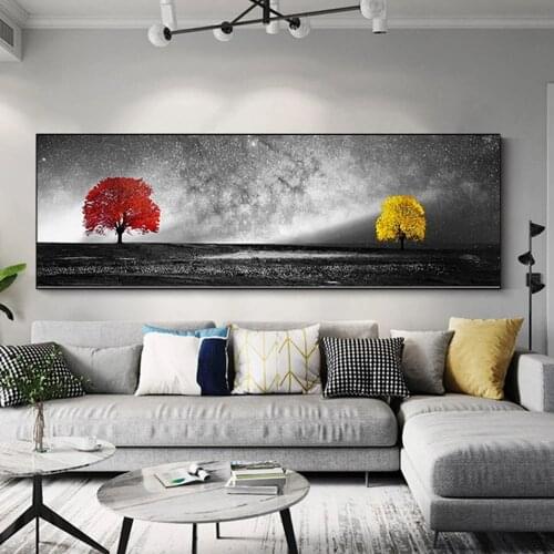 Modern Yellow and Red Tree Landscape Canvas Painting Posters and Prints Modern Wall Art Pictures Panorama for Home Decoration