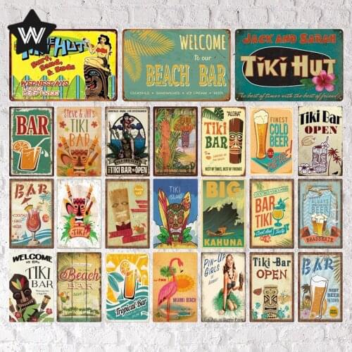 Tiki Bar Sign Metal Vintage Tin Plate Metal Poster Retro Style Metal Sign Wall Stickers Beach Metal Plate for Man Cave Bar Decor