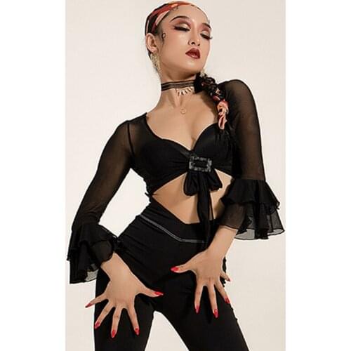 Latin Tops For Women Sexy Dance Costume Flare Sleeves Black Shirts Flamenco Cha Cha Samba Rumba Performance Practice Tops BL6387
