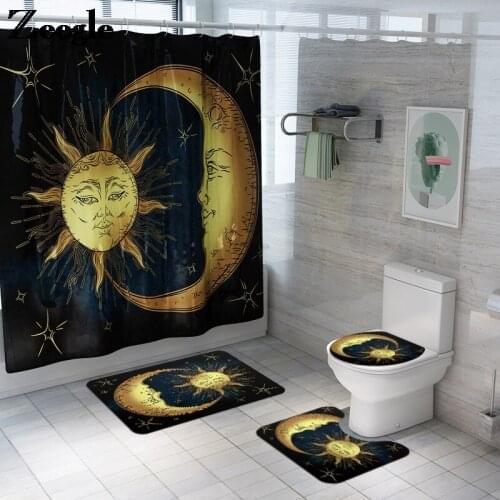 Printing Sun and Moon Shower Curtain with Bath Mat Set Non-slip Bathroom Mat Set Microfiber Creative Shower Curtain