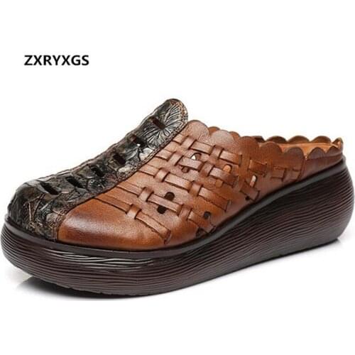 2020 New Spell Color Top Cowhide Breathable Summer Shoes Fashion Leather Slipper High Heel Shoes Woman Wedges Sandals Slippers