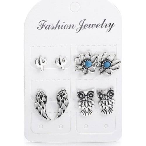 Trendy Silver Color Hollow Flower Cactus Owl Shaped Earrings Women Fashion Creative Geometric Stud Earrings Ear Nail Jewelry
