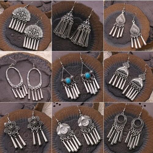 Exknl Big Vintage Silver Color Drop Earrings for Women Ethnic Tassel Flower Dangle Long Earrings Party Fashion Jewelry Gifts