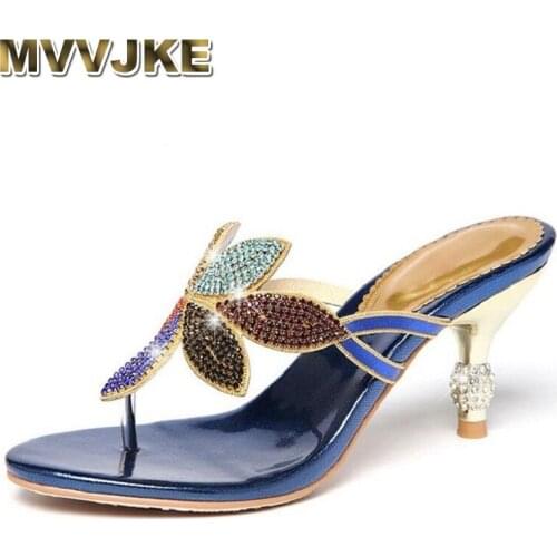 MVVJKE Summer Shoes New Lady Thin Heel Pumps Sexy Crystal Rhinestone Design Women Shoes Elegant Ladies Flip Flop Slippers