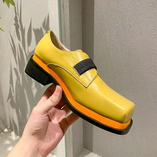 OLOMLB Womens Match Colors Square Toe Mid Chunky Creepers Heel Platform Shoes Casual Gothic Genuine Leather Oxfords Retro 2021