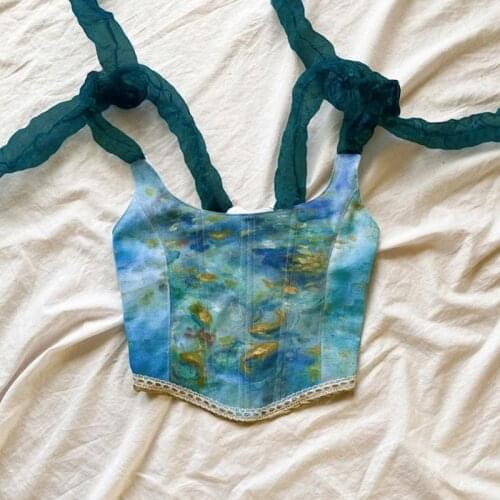 Women Tie-Up Ribbon Corset Crop Top Sexy Lace-Up Oil Painting Slim Bustier Vest