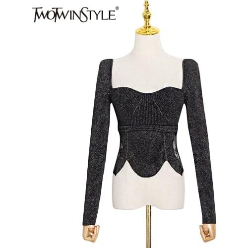 TWOTWINSTYLE Splicing Lace Sweater For Women Square Collar Long Sleeve Slim Short Knitting Tops Female Fashion New Clothing Tide