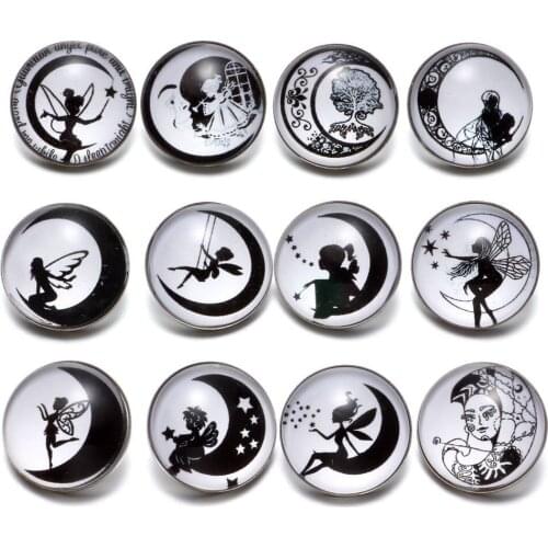 12pcs/lot Black&White Theme Moon & Fairy Pattern 18mm Snap Button Charms For 18mm Snaps Bracelet Snap Jewelry KZ0636