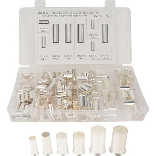 190 Pcs (AWG 8 6 4 2 1 2/0) 2/0-8 Gauge Wire Ferrules Kits Plated Copper Crimp Connector Ferrules Pin Cord End