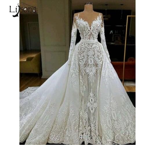 2019 Casamento Lace Mermaid Wedding Dresses With Puffy Detachable Train 2 Pieces Dubai Vintage Bridal Dresses Full Sleeves