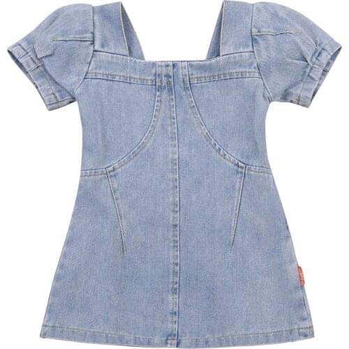 2021 Lovely Toddler Baby Girl A-Line Denim Dress Elegant Short Puff Sleeve Solid Color Loose Dress 2-7Years