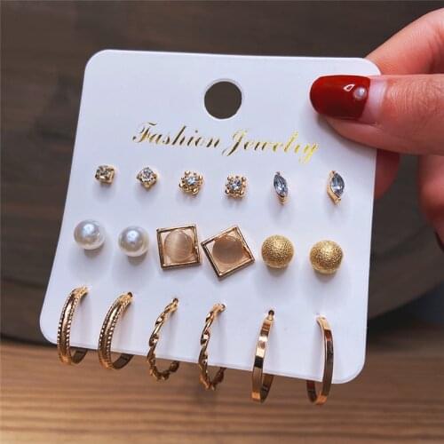 2021 Trend Bohemian Earrings Set For Women New Trendy Pearl Crystal Round Geometric Metal Stud Earring Female Party Jewelry