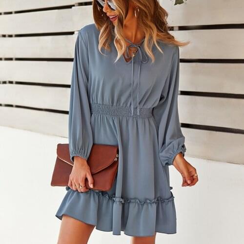 2021 Autumn Womens Lace Up V Neck Solid Mini Dress Casual Long Sleeve Short Dresses Female Boho Leisure A Line Party Vestidos