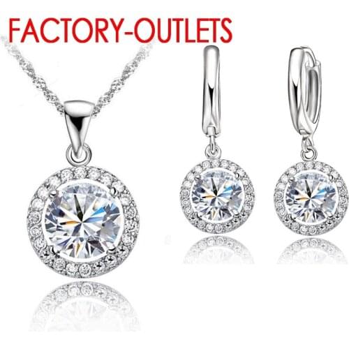 925 Sterling Silver Fashion Jewelry Pendant Necklaces Earrings Set Round Crystal Women Girls Club Party Wholesale