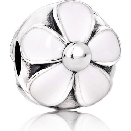 Authentic S925 Bead Charm White Enamel Daisy Flower Clip Stopper Beads for Women Bracelet Diy Jewelry