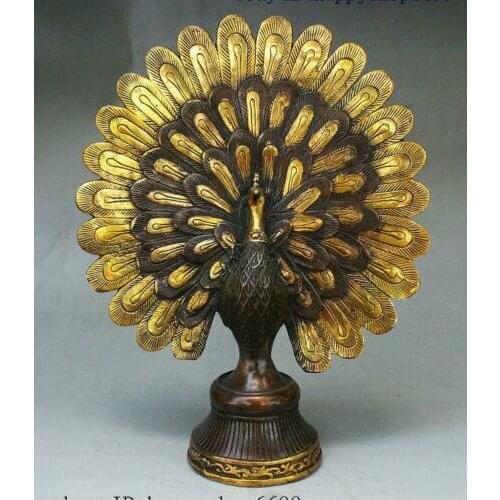 13" Old China Palace FengShui Bronze Gilt Auspicious Wealth Bird Peacock Statue