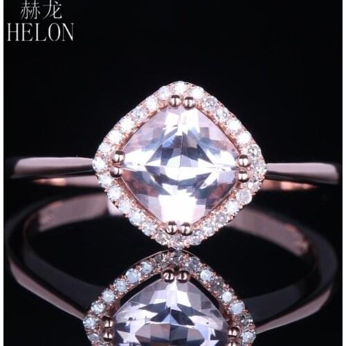 HELON Solid 10k Rose Gold Flawless Cushion 6mm Genuine Morganite & Diamonds Women Trendy Fine Jewelry Engagement Wedding Ring