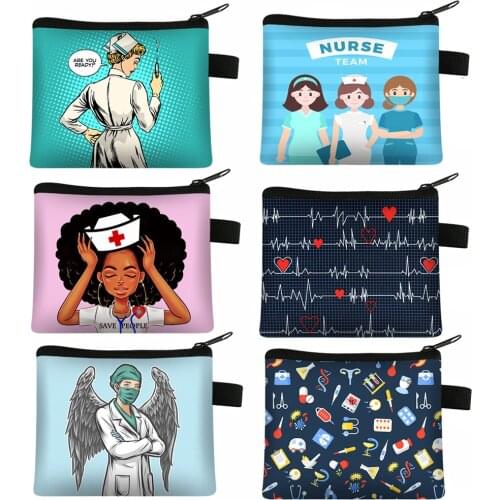 Cartoon Angel Nurse Doctor with Wings Coin Purse Women Wallet Girls Hospital Card and Keys Holder Coin Bag Small Coin Bags