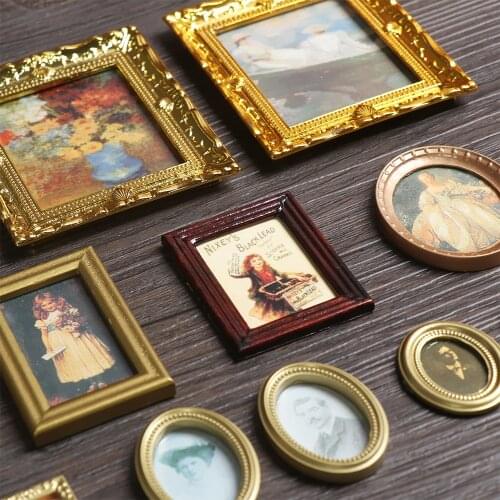 1:12 Vintage Framed Photos Miniature Oil Painting Doll Accessories Resin Mini Wall Picture Dollhouse Ornament Toys
