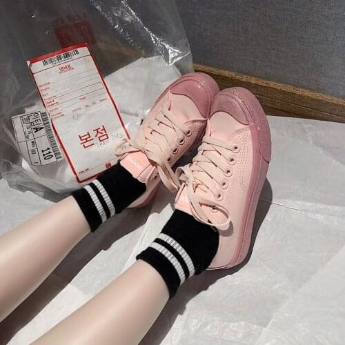 2020 Fashion Pink Lace Up Woman Sneakers Solid Color Flat Heel Students Leisure Shoes Women Vulcanize Shoe Women Canvas Shoes