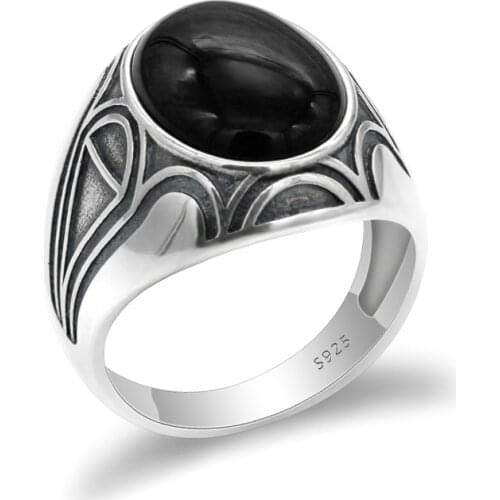 Black Agate 925 Sterling Silver Men Ring with Black Natural Stone Vintage Thai Silver Ring for Man Women Silver Jewelry