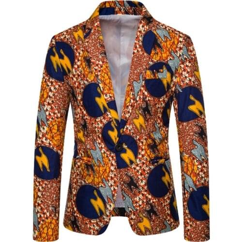 Latest Desings Brown African Floral Printed Men Blazer Slim Fit Fashion Jacket for Men Summer Men Suit Blazers Male Coat 2020