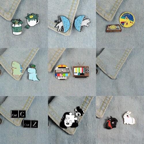 Sets Enamel Pins TV Potted Plant Yin Yang Fish Rabbit Face Puzzle Dinosaur Shark Wolf Keyboard Brooches Gifts Cartoon Badges