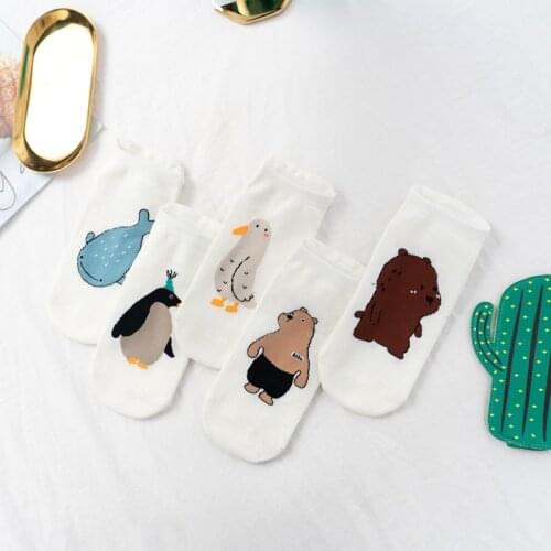 5 Pairs Spring Summer Cartoon Animal Women Cotton Socks Funny Dinosaur E-fish fox Bear Girls School Style Short Socks Dropship