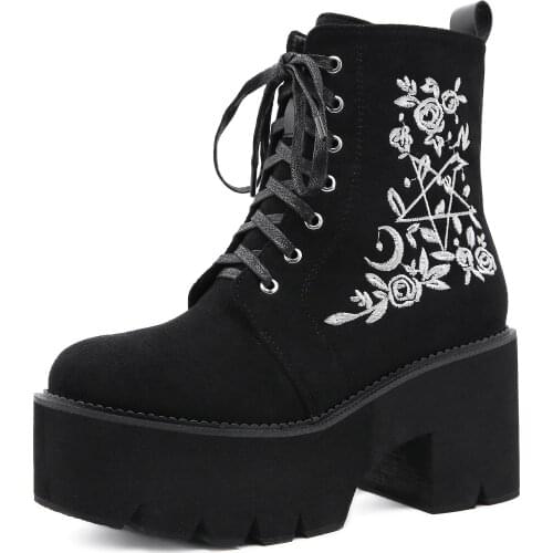 New Arrival Womens Ankle Boots Lace Up Platform Pumps Embroidery in Black Size 40 41 42 43 qq041