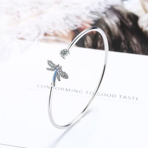 New Romantic Zircon Dragonfly Bangle For Women Fashion Jewelry Open Size 925 Silver Bangles Girl Valentines Day Gifts KOFSAC