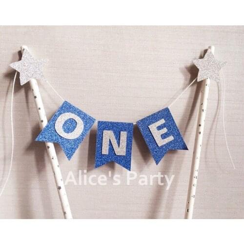 New Boy 1st Birthday Cake Topper Banner Silver Stars Blue ONE Cake Garland Bunting Baby Shower Smash Cake Decoration Photo prop