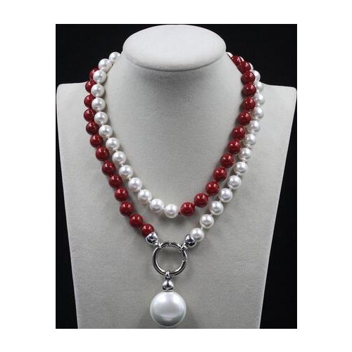 Charming wedding white and red 10mm AAA shell pearl necklace long 35inch Earring