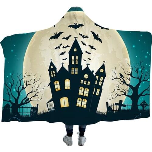 Halloween Hooded Blanket Halloween Night Series Haunted House Pumpkin Print Wearable Blanket for Adults Kids