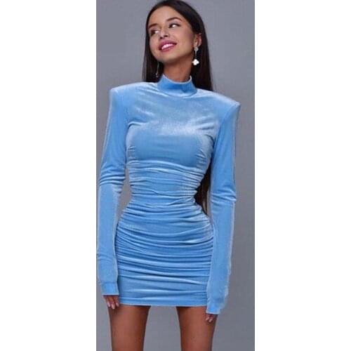Autumn Velvet ruched Dress Women Long Sleeve High Neck Mini Dresses Female Sheath Sexy Party Bodycon Dress Robes Vestido