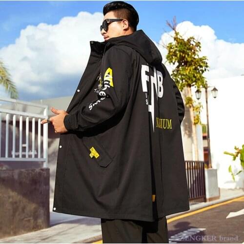 Large size mens mid-length coat plus fat plus fat fat guy casual handsome street fashion hooded windbreaker 130kg6xl