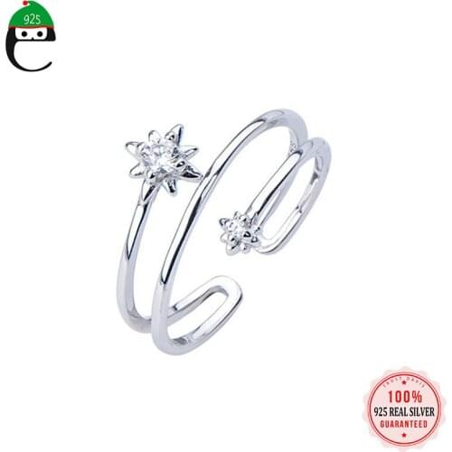 PrinSis Genuine 925 Sterling Silver Fashion Cute Double Layer Star CZ Adjustable Ring For Women Wedding Fine S925 Jewelry DD1043