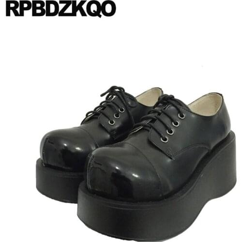 Wedge creepers platform shoes elevator round toe lace up designer patent leather winter oxfords thick sole women gothic fur drop