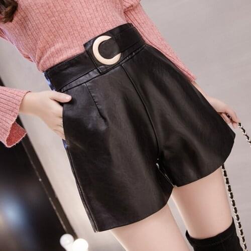 Belted High Waist Wide Leg Biker Shorts Autumn PU Leather Shorts Women XL Femme Casual Ladies Shorts Black