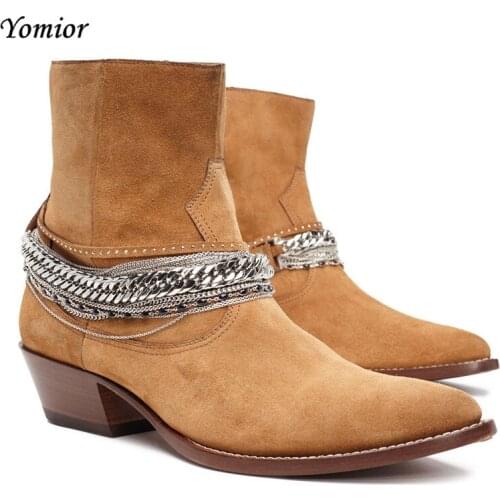 Yomior Spring Handmade Cow Leather Vintage Men shoes Fashion Brand Chain Tassel Ankle Boots High Quality Chelsea Boot Big Size