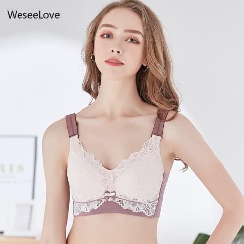 WeseeLove Fashion Wire Free Push Up Bra For Women Breathable Cotton Inner Large Cup Female Gathered Thin Pad Lace Bralette Wes